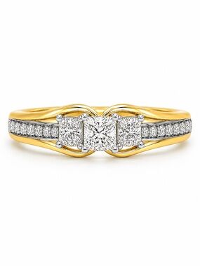 14k Two Tone Gold Natural Diamond 3 Stone Princess Cut Engagement Ring Sz 6